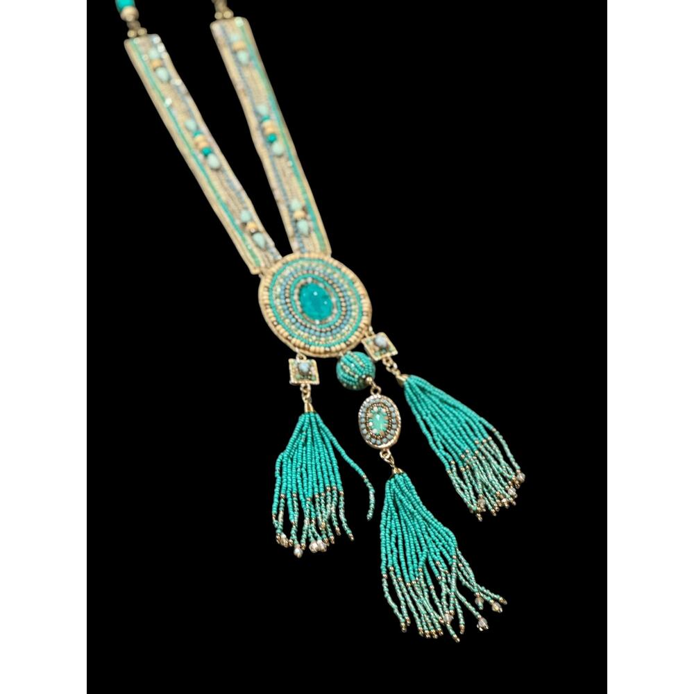 CHICO'S Boho Statement Necklace – Turquoise Fringe Tribal Beaded Medallion - Picture 3 of 13